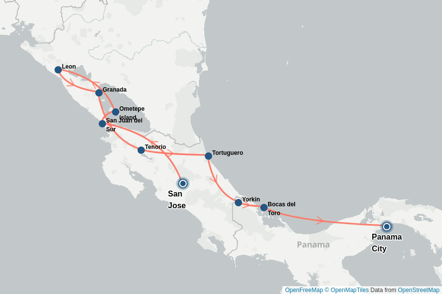 Itinerary Map image for Mittelamerika-Trio: Costa Rica Nicaragua Panama